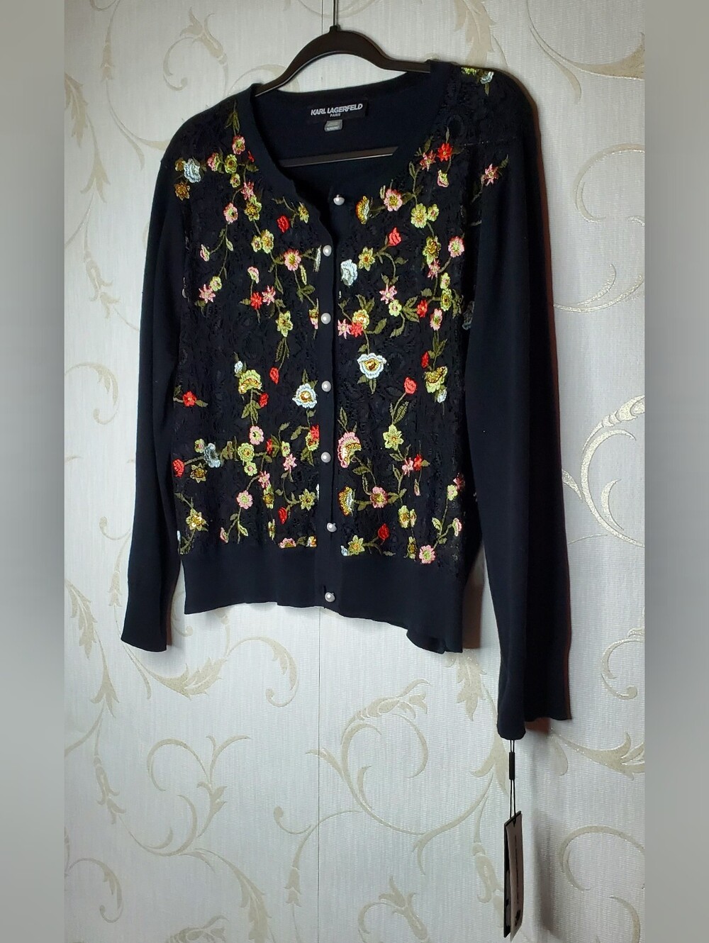 Karl Lagereld Floral Embroidered Black Cardigan Sweater